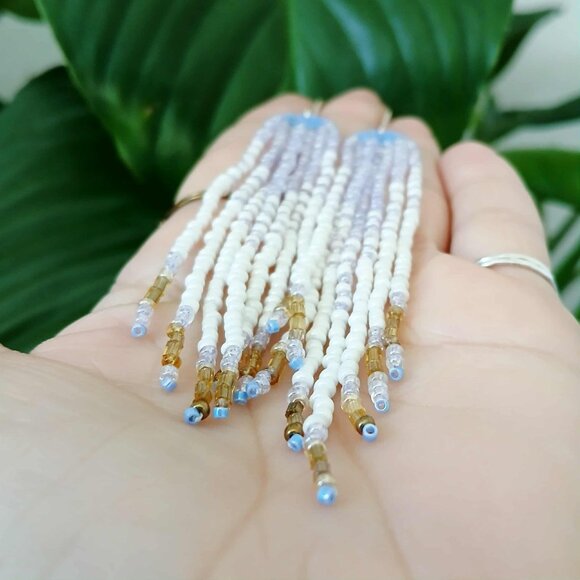 Beaded Fringe Dangle Earrings, Seed Bead Jewelry, Statement Boho Chic Artisan - Picture 9 of 14